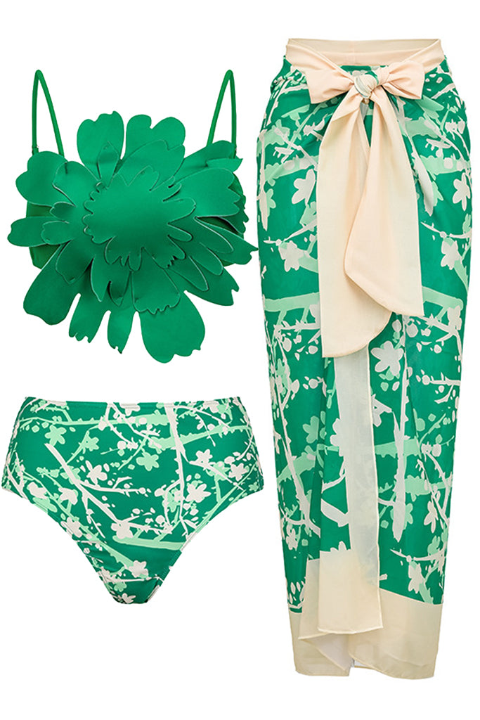 Emeraldy Πράσινο Μπικίνι Μαγιό | Γυναικεία Μαγιό - Μπικίνι | Emeraldia Green Bikini with Flower and Pareo Set