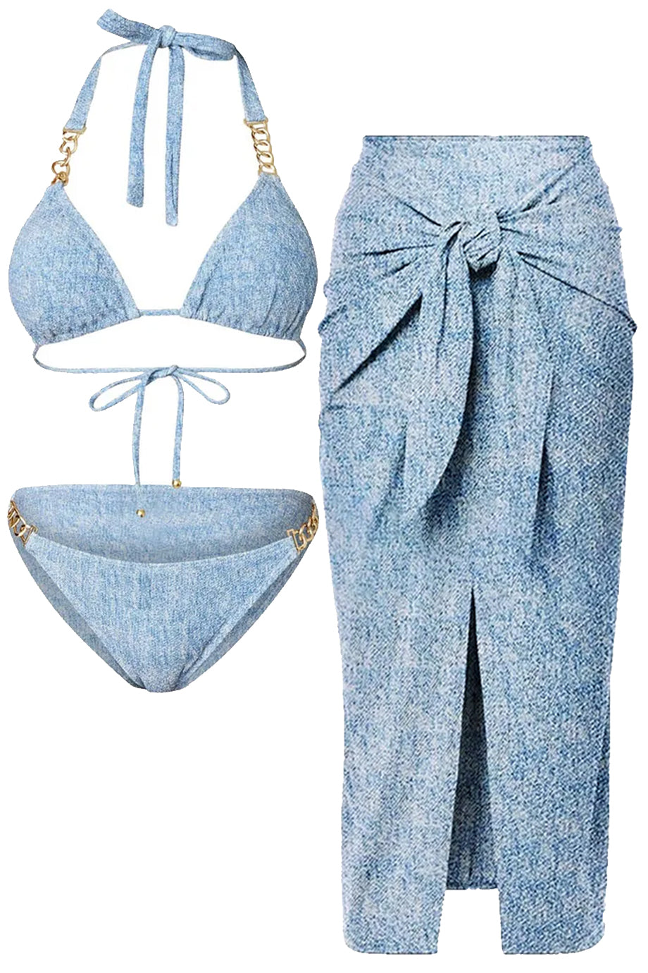 Alvienne Blaues Bikini- und Sarong-Set mit Kette