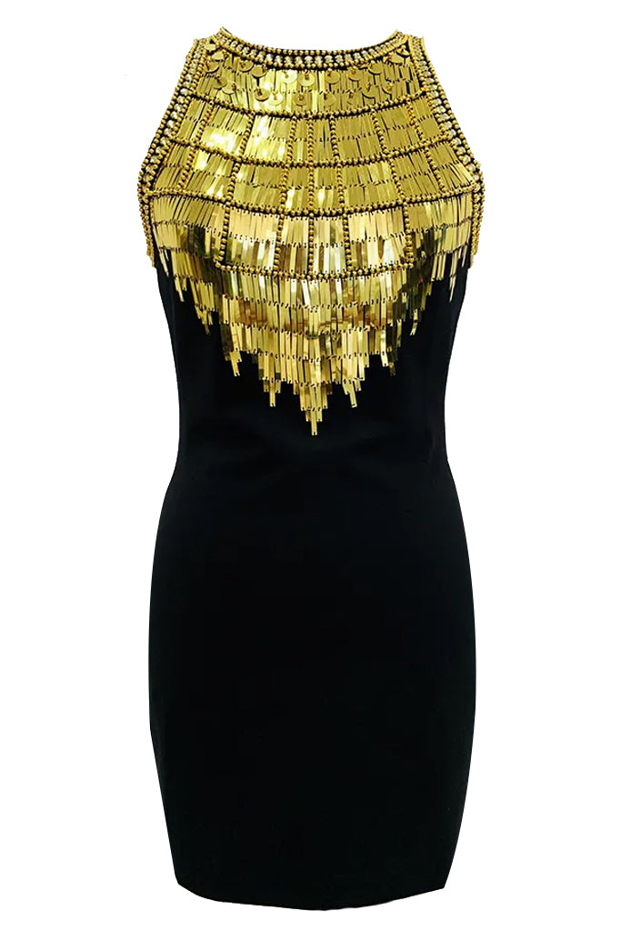 Madison Μαύρο Αμάνικο Φόρεμα με Κέντημα | Γυναικεία Φορέματα - Βραδινά | Madison Black Mini Gold Embellished Dress