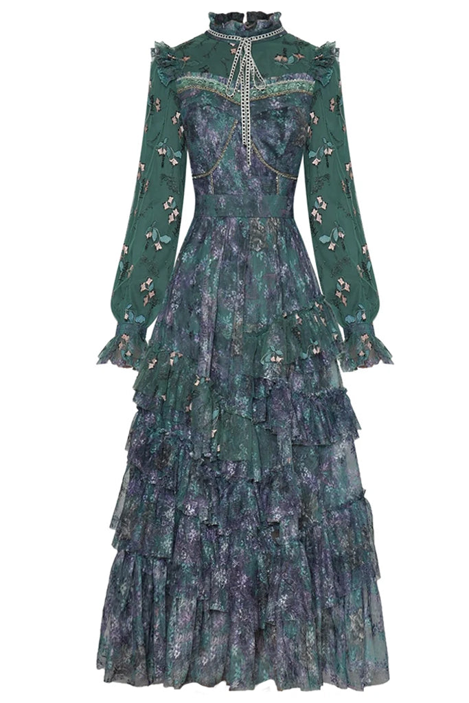 Ivana Petrolfarbenes, florales Tüll-Mesh-Kleid