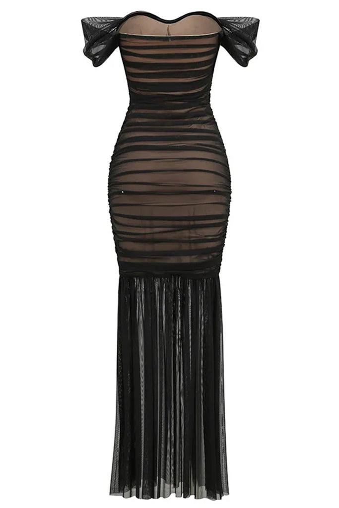 Dorothy Μαύρο Φόρεμα με Τούλι και έναν Ώμο | Φορέματα - Βραδινά - Evening Dress | Dorothy Black Tulle Mesh Fishtail Dress