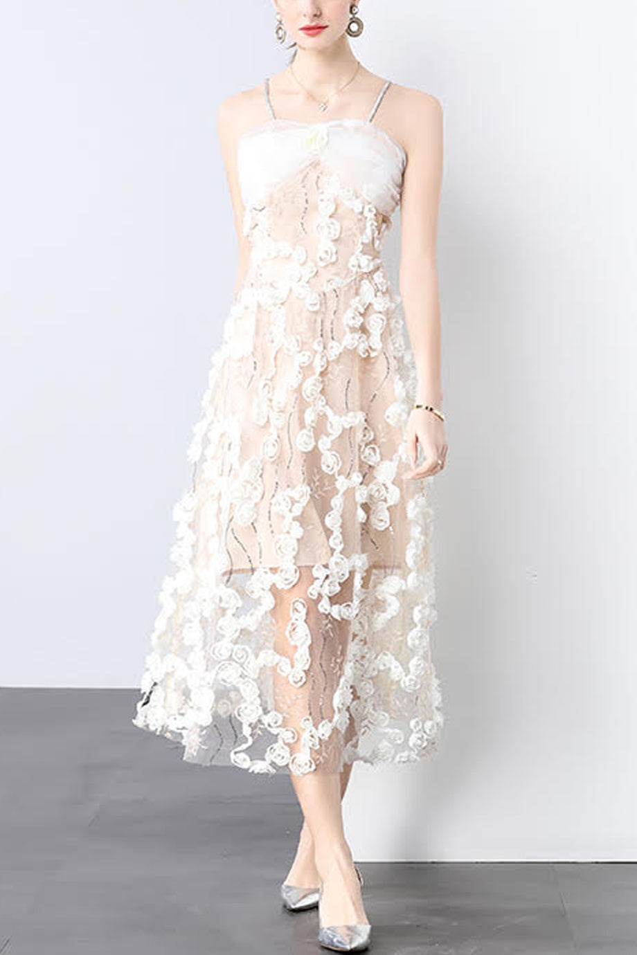 Mist Μίντι Φόρεμα με Δαντέλα και Τούλι | Γυναικεία Φορέματα | Mist Floral Mesh Midi Lace Dress