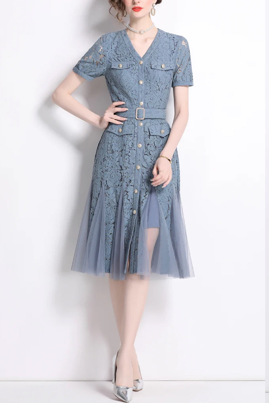 Aveline Φόρεμα με Δαντέλα και Ζώνη  | Γυναικεία Ρούχα - Φορέματα - Evening Dresses | Aveline Lace Dress