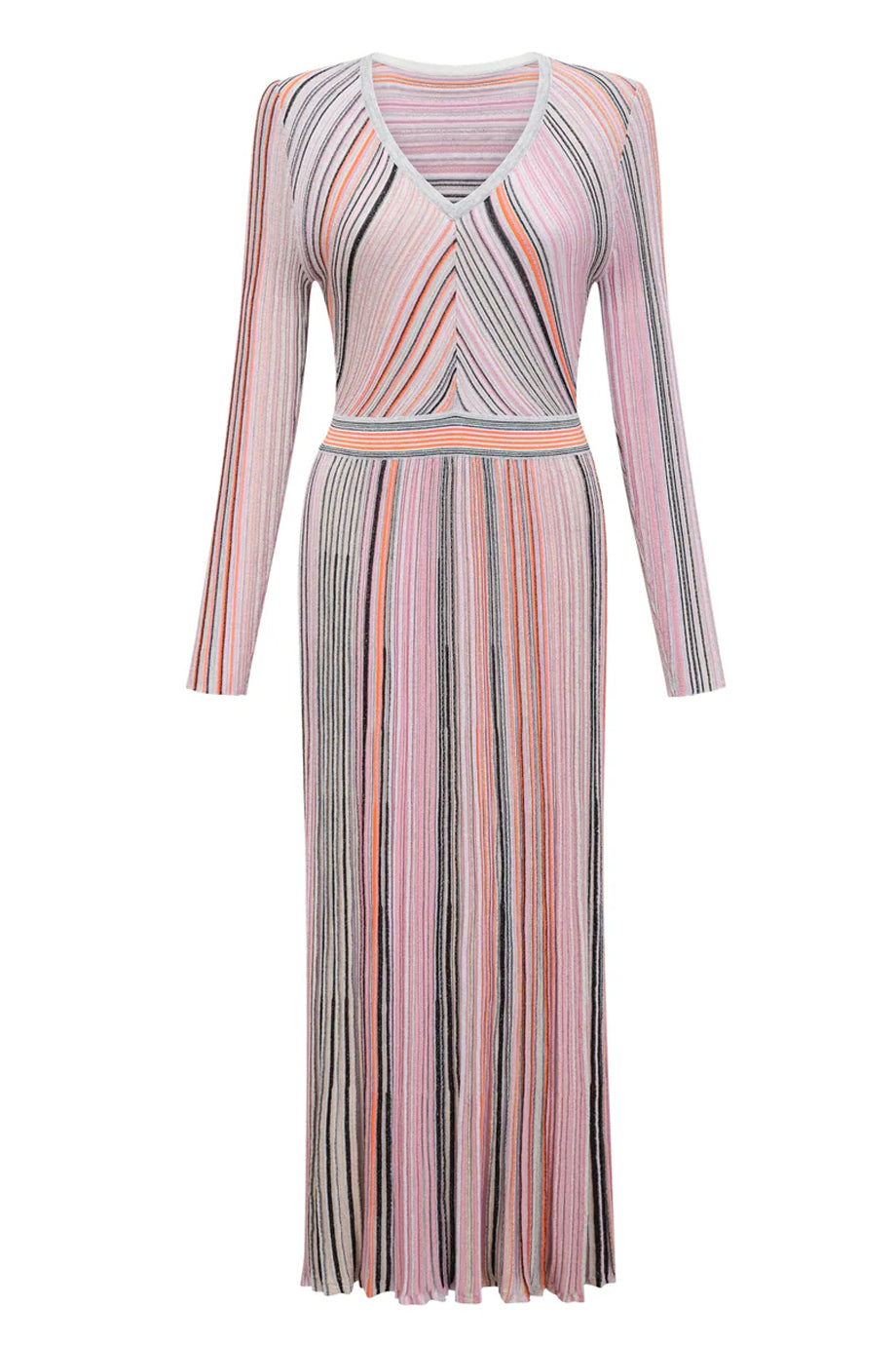 Mathilde Ροζ Πλεκτό Μίντι Φόρεμα με Ρίγες | Φορέματα - Dresses | Mathilde Pink Metallic Striped Knit Midi Dress