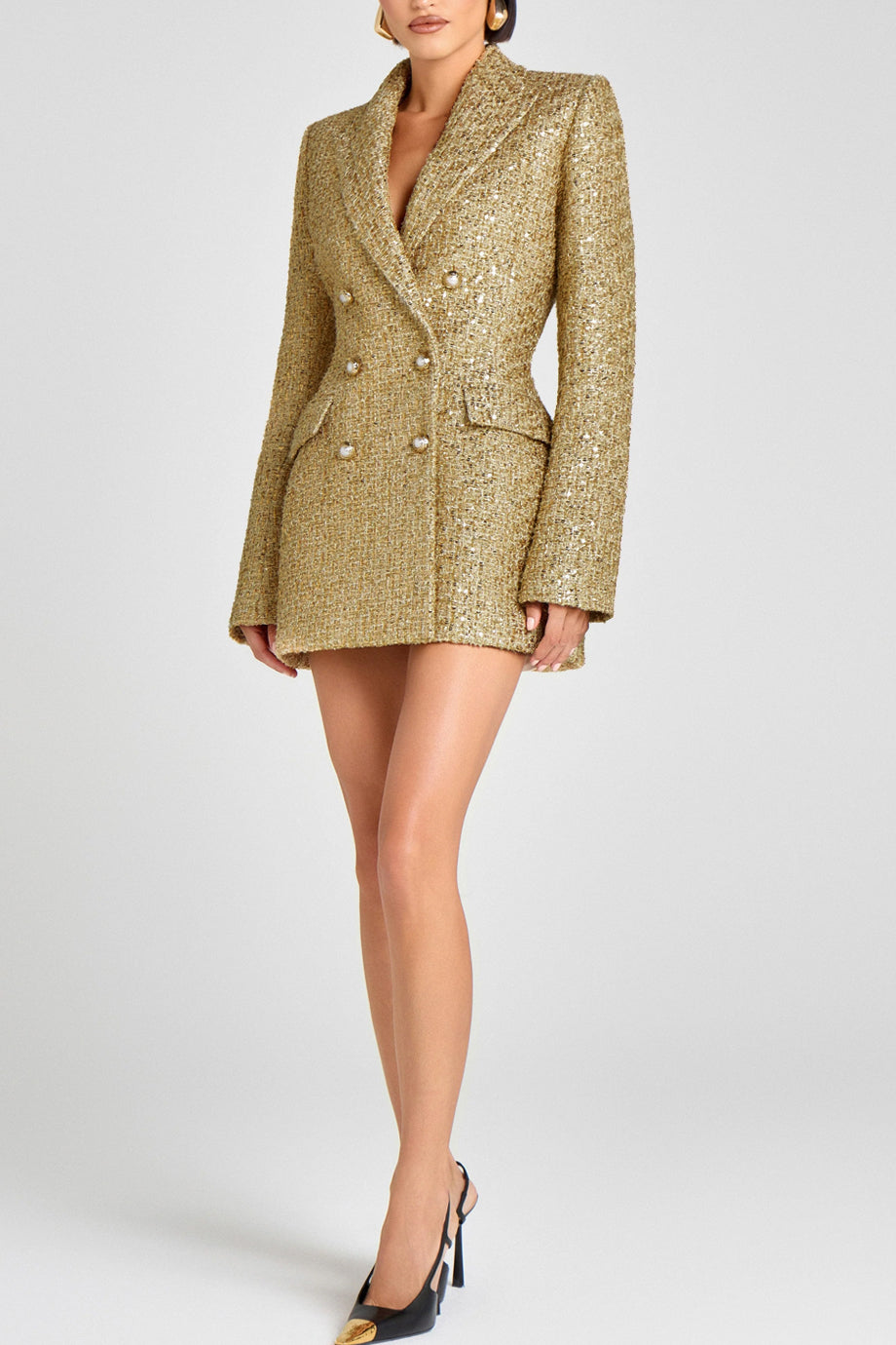 Monica Χρυσό Tweed Blazer Mini Φόρεμα-Σακάκι με Διπλό Κούμπωμα | Φορέματα - Blazer Dresses | Monica Gold Tweed Blazer Mini Dress with Double Breasted Buttons