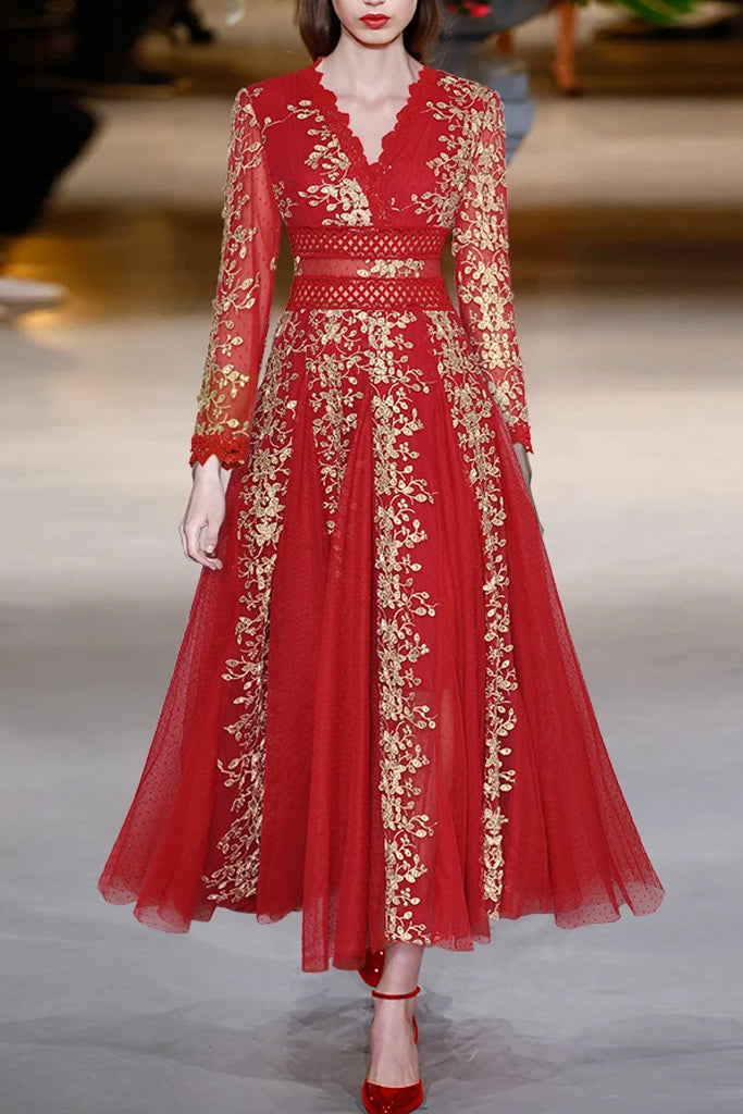 Bijan Κόκκινο Βραδινό Φόρεμα με Τούλι και Δαντέλα | Φορέματα - Dresses | Bijan Red Lace Gown with Tulle