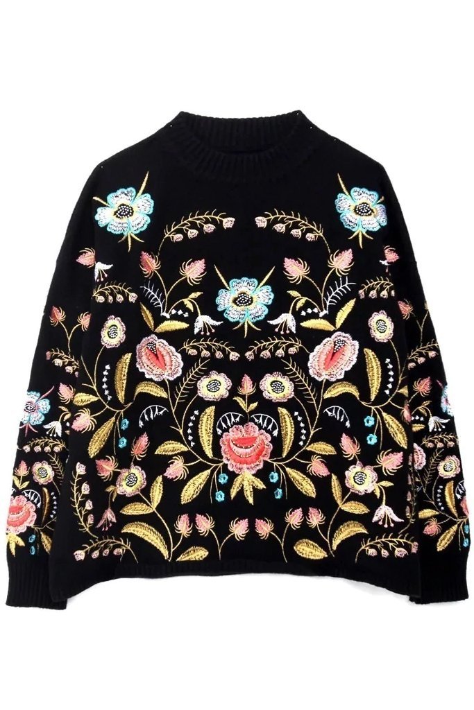 Kerin Μαύρο Πουλόβερ με Κέντημα Λουλουδιών | Γυναικεία Ρούχα - Μπλούζες - Πουλόβερ - Πλεκτά