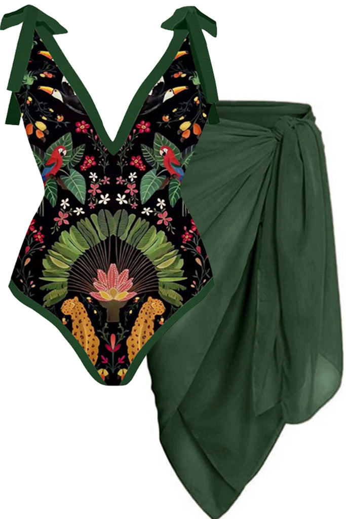 Jungle Πράσινο Εμπριμέ Ολόσωμο Μαγιό με Παρεό - Ολόσωμα - Swimwear | Jungle Green Printed One Piece Swimsuit with Pareo Set
