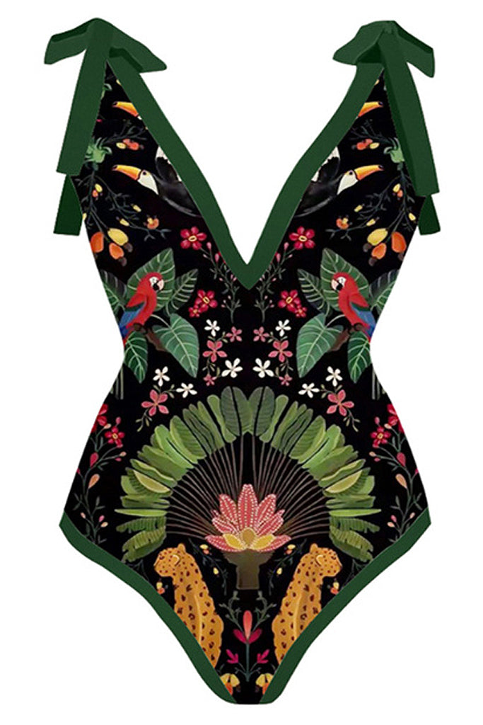 Jungle Πράσινο Εμπριμέ Ολόσωμο Μαγιό με Παρεό - Ολόσωμα - Swimwear | Jungle Green Printed One Piece Swimsuit with Pareo Set