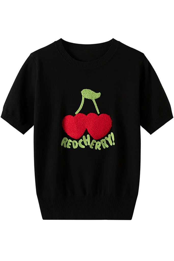 Cherry Love Μαύρο Πλεκτό Τοπ με Κοντά Μανίκια | Γυναικεία Ρούχα - Πλεκτά Τοπ