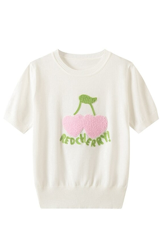 Cherry Love Λευκό Πλεκτό Τοπ με Κοντά Μανίκια | Γυναικεία Ρούχα - Πλεκτά Τοπ