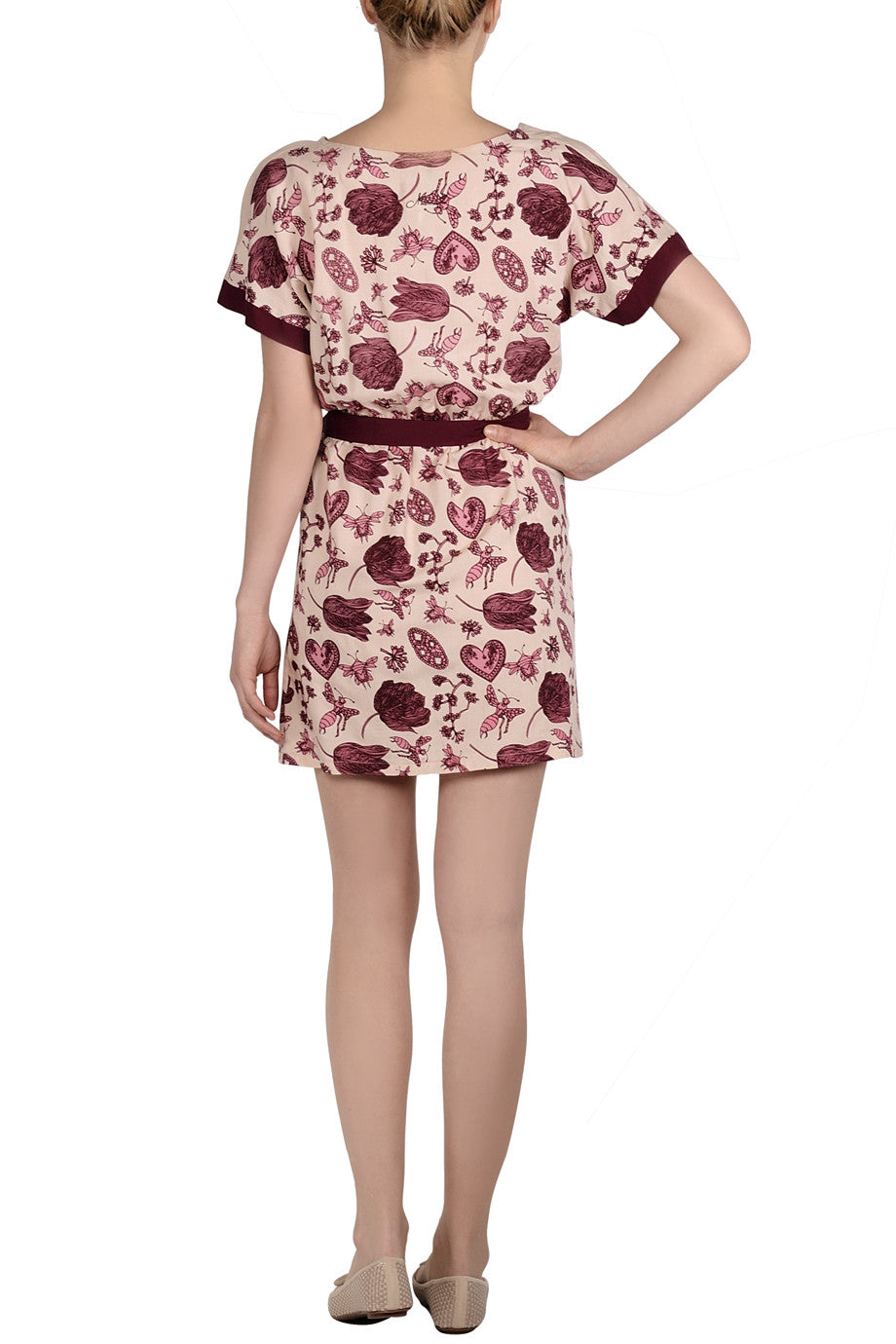 Μπεζ Φόρεμα με Μπορντό Σχέδια | Φορέματα - Mismash