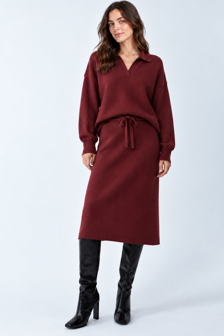 Marlow Knitted Polo Top and Midi Skirt Set