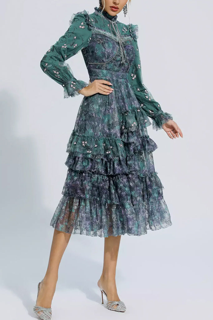 Ivana Petrol Floral Tulle Mesh Dress