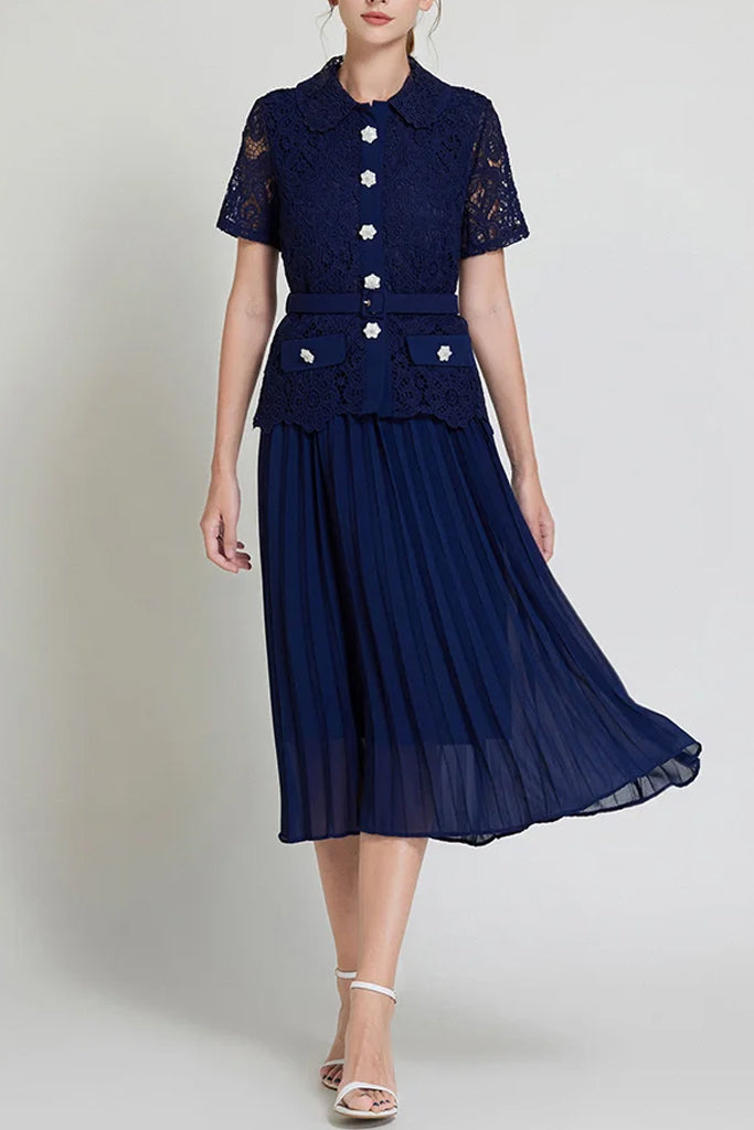 Daleyza Blue Pleated Lace Dress