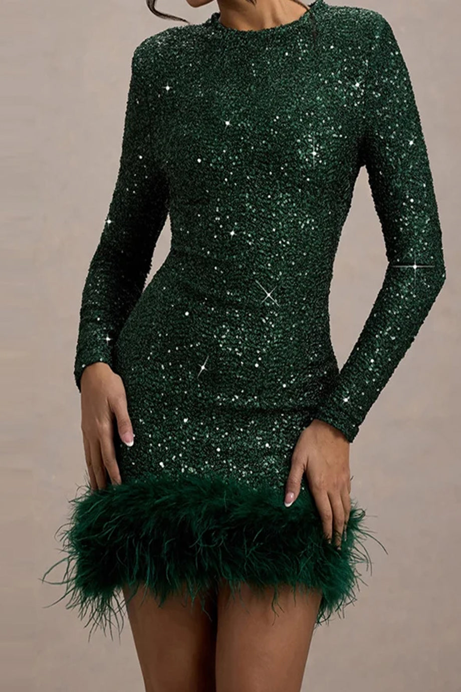 Evelaine Φόρεμα με Παγιέτες και Φτερά | Βραδινά Φορέματα Evening Dresses | Evelaine Sequin Mini Dress with Feather Trim
