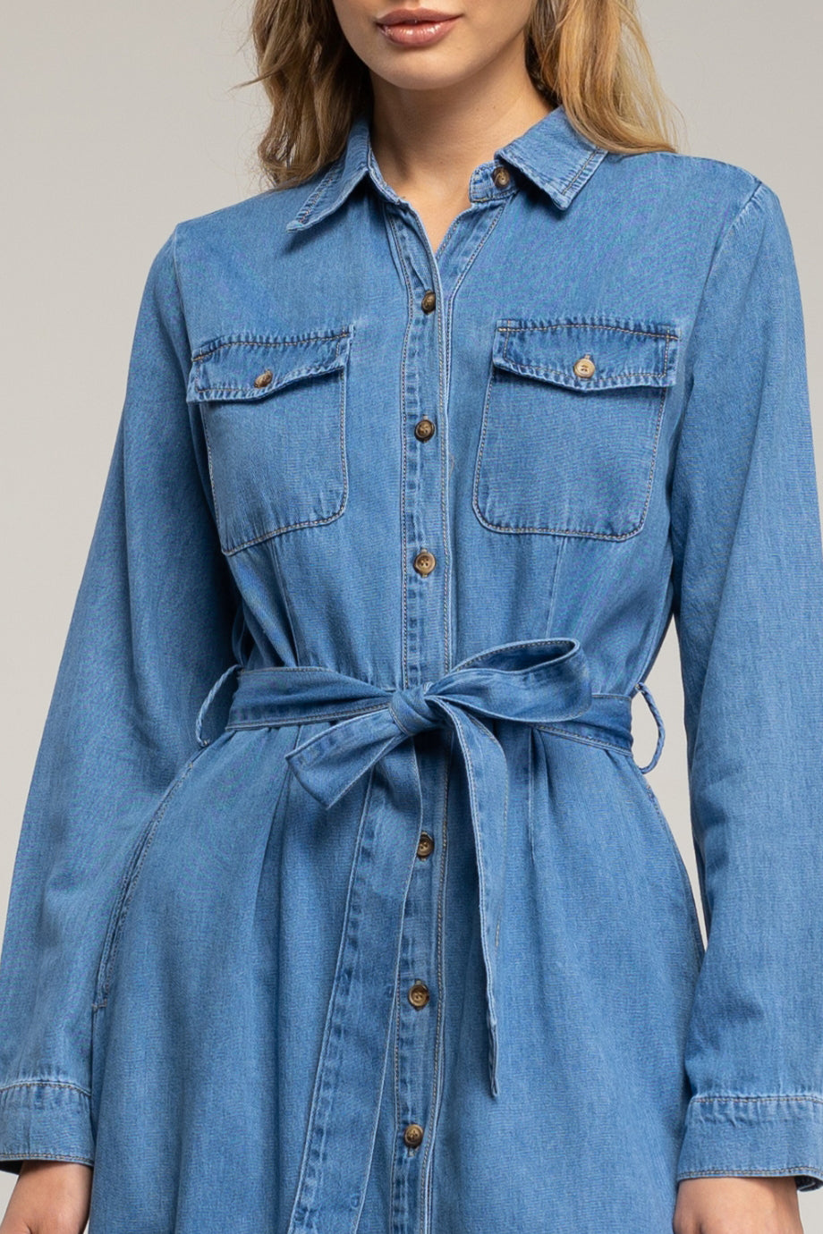 Darvienne Μακρύ Τζιν Φόρεμα με Κουμπιά και Ζώνη | Γυναικεία Φορέματα - dresses| Darvienne Denim Maxi Shirt Dress with Buttons and Waist Belt