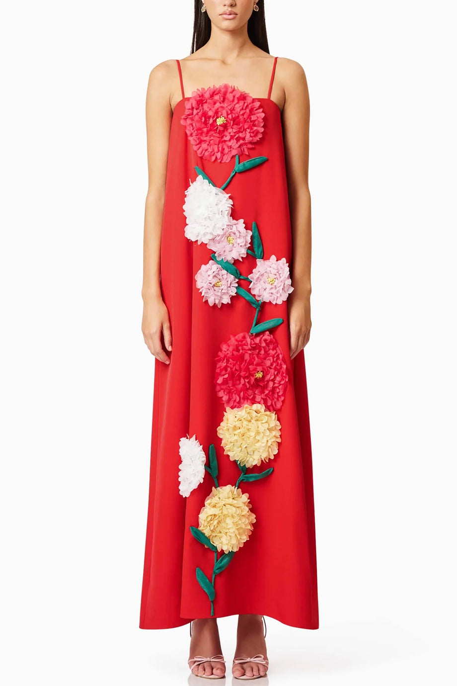Cameliane Φλοράλ Μάξι Φόρεμα με Τιράντες και Λουλούδια | Γυναικεία Φορέματα - dresses| Cameliane Floral Maxi Dress with Straps and 3D Flower Appliqué