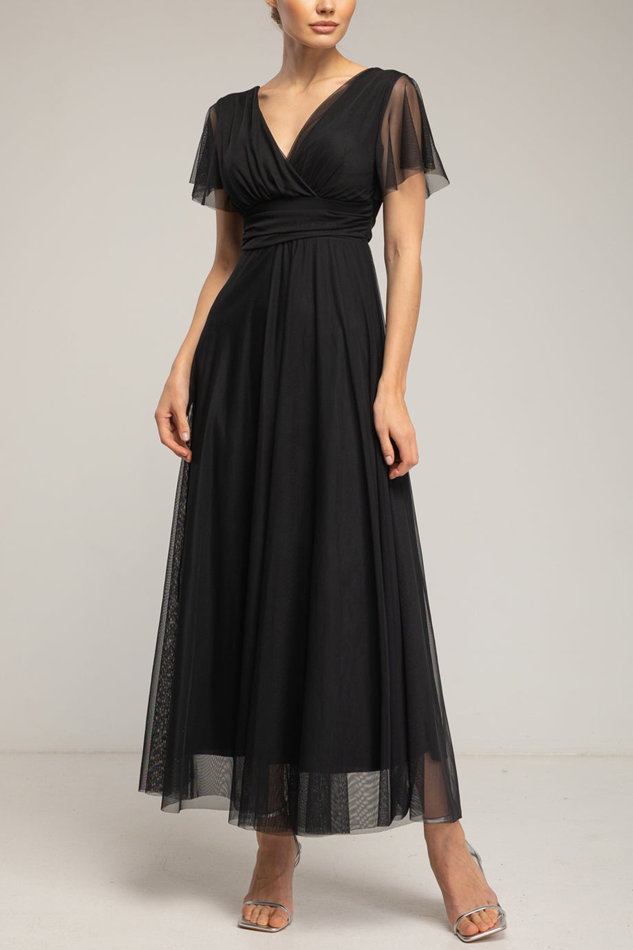 Amelune Μαύρο Μακρύ Φόρεμα από Τούλι με Λαιμόκοψη V | Γυναικεία Φορέματα - Evening Dresses| Amelune Black Long Tulle Dress with V-Neckline