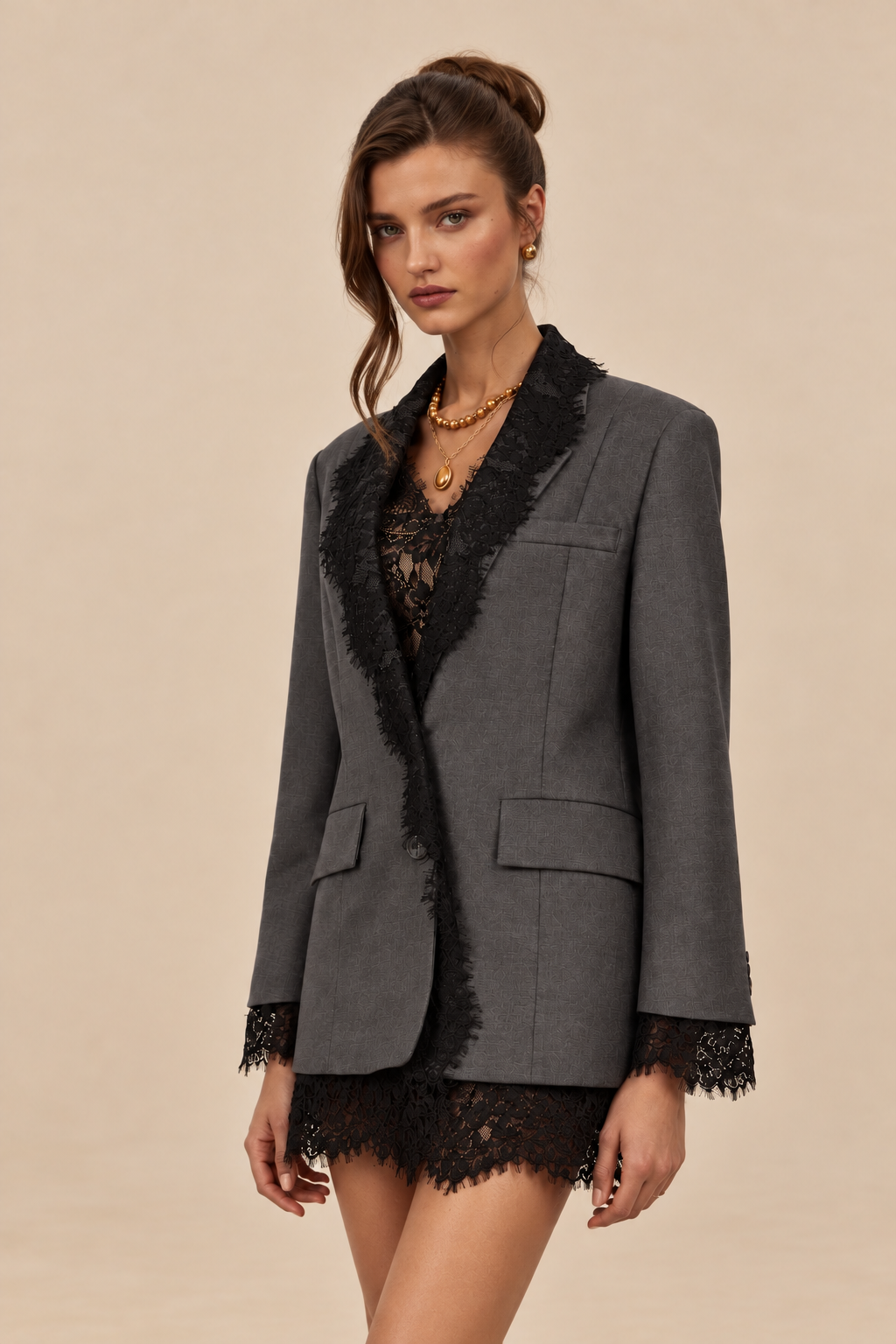 Elodie Γκρι Σακάκι με Μαύρη Δαντέλα | Σακάκια - Blazer Dress | Elodie Grey Blazer Dress with Lace